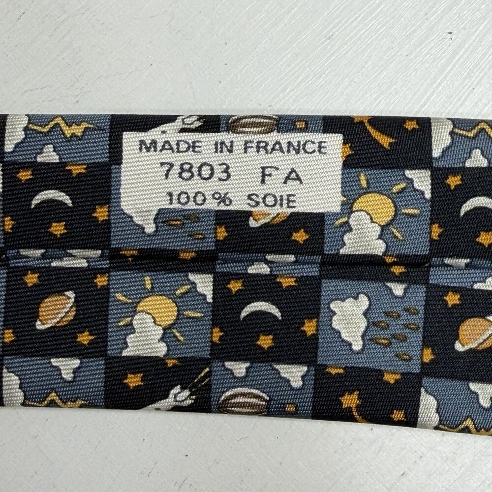 HERMES 7803 Silk Neck Tie 56”x3.5” Blue Rocket Hot Air Balloon Planet Stars EUC - Picture 5 of 5